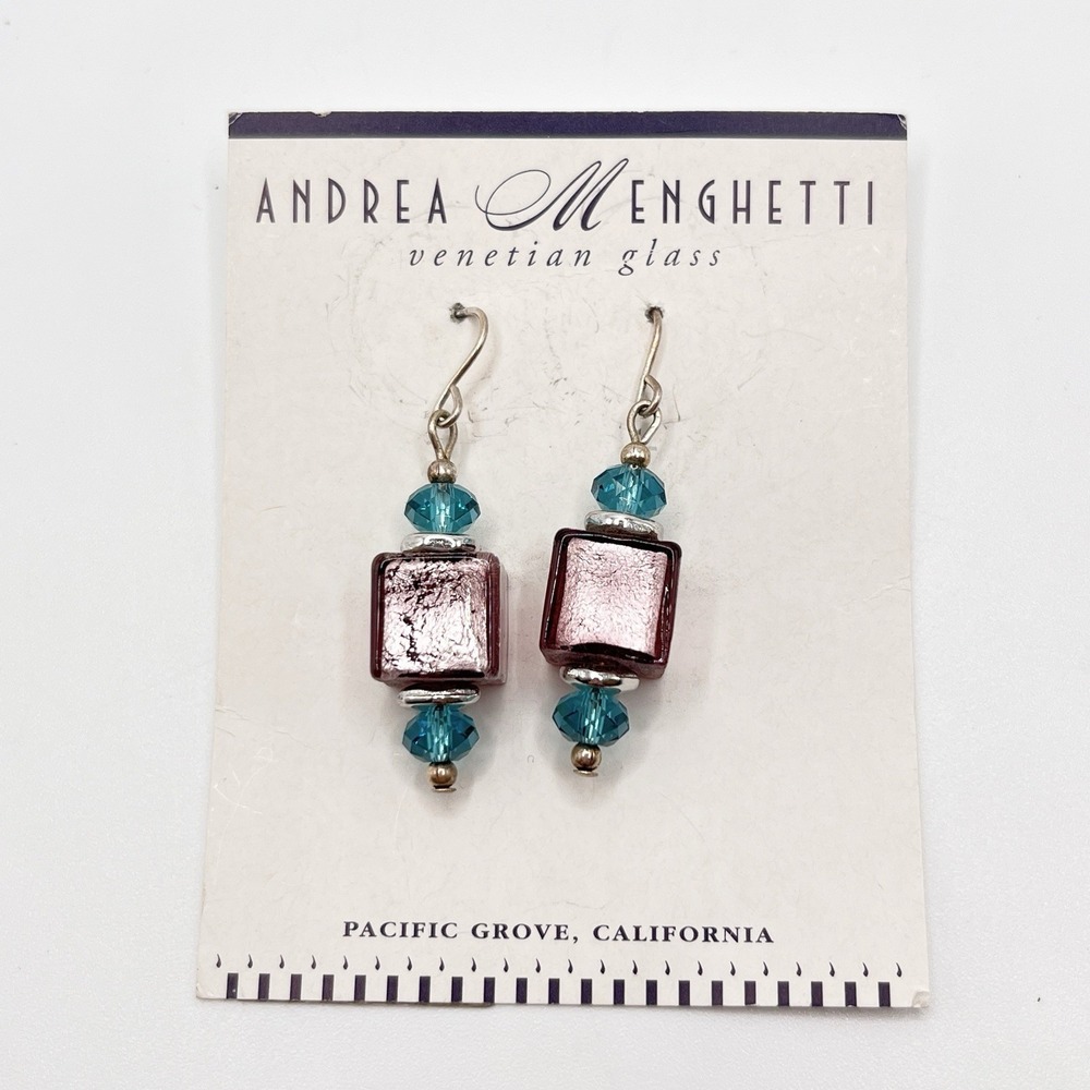 ANDREA MENGHETTI Blue Purple Venetian Art‎ Glass Fish Hook Earrings